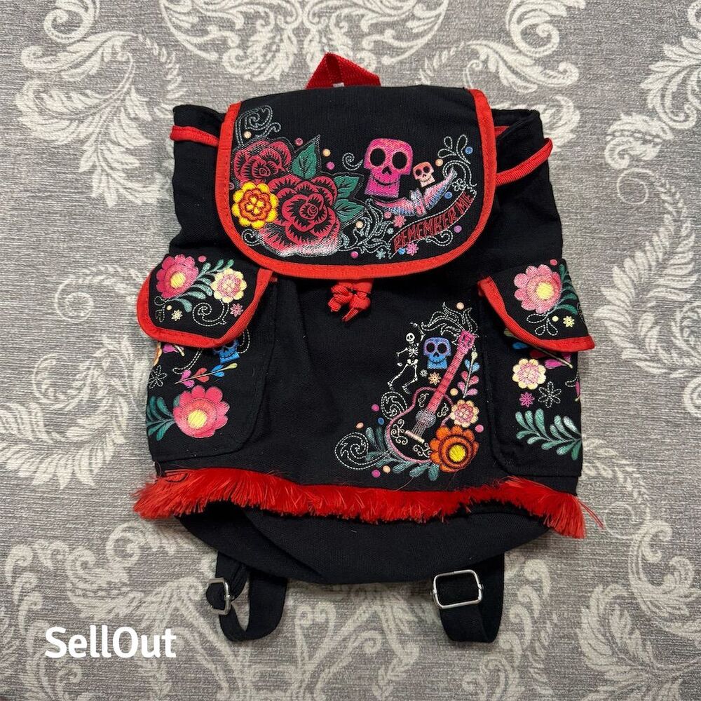 Disney Pixar Coco Mini Backpack Purse Black Floral Embroidery